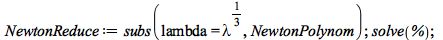 NewtonReduce := subs(lambda = `*`(`^`(lambda, `/`(1, 3))), NewtonPolynom); 1; solve(%); 1