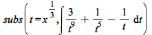 subs(t = `*`(`^`(x, `/`(1, 3))), int(`+`(`/`(`*`(3), `*`(`^`(t, 9))), `/`(1, `*`(`^`(t, 5))), `-`(`/`(1, `*`(t)))), t))