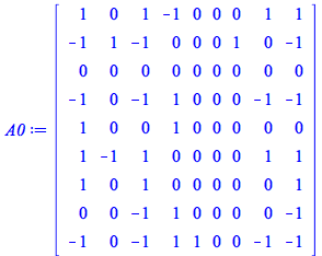 A0 := rtable(1 .. 9, 1 .. 9, [[1, 0, 1, -1, 0, 0, 0, 1, 1], [-1, 1, -1, 0, 0, 0, 1, 0, -1], [0, 0, 0, 0, 0, 0, 0, 0, 0], [-1, 0, -1, 1, 0, 0, 0, -1, -1], [1, 0, 0, 1, 0, 0, 0, 0, 0], [1, -1, 1, 0, 0, ...